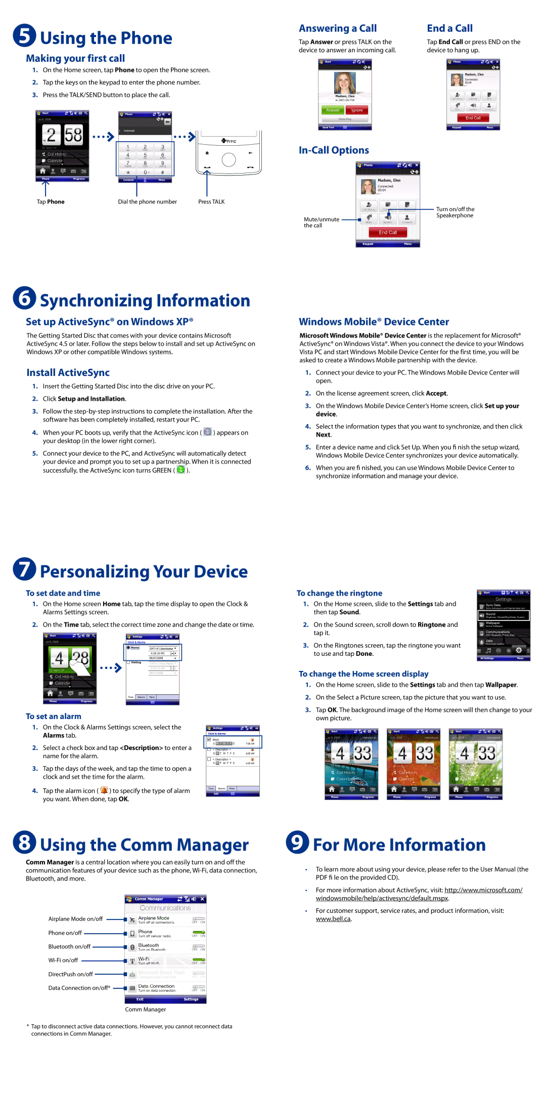 HTC 080716 quick start Using the Phone, Synchronizing Information, Personalizing Your Device, Using the Comm Manager 