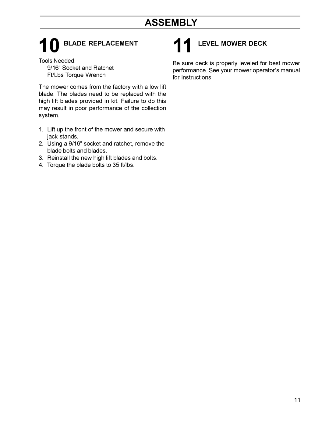 HTC 110163 / CZ38 manual Blade Replacement, Level Mower Deck 