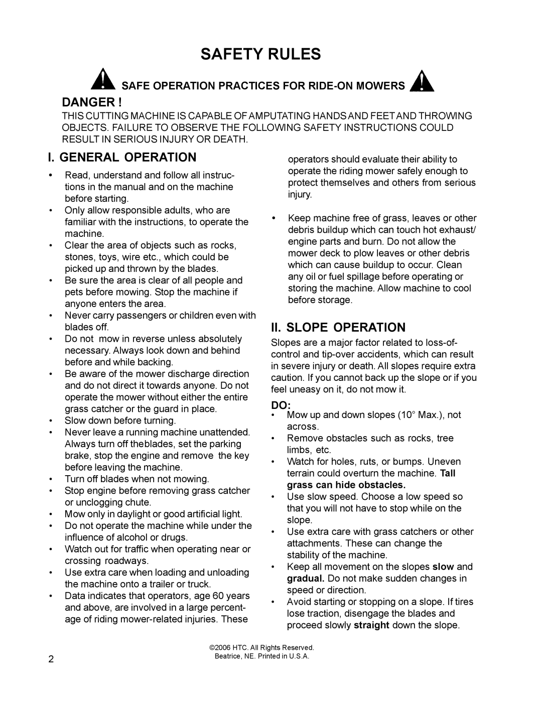 HTC 110163 / CZ38 manual Safety Rules, Safe Operation Practices for RIDE-ON Mowers 