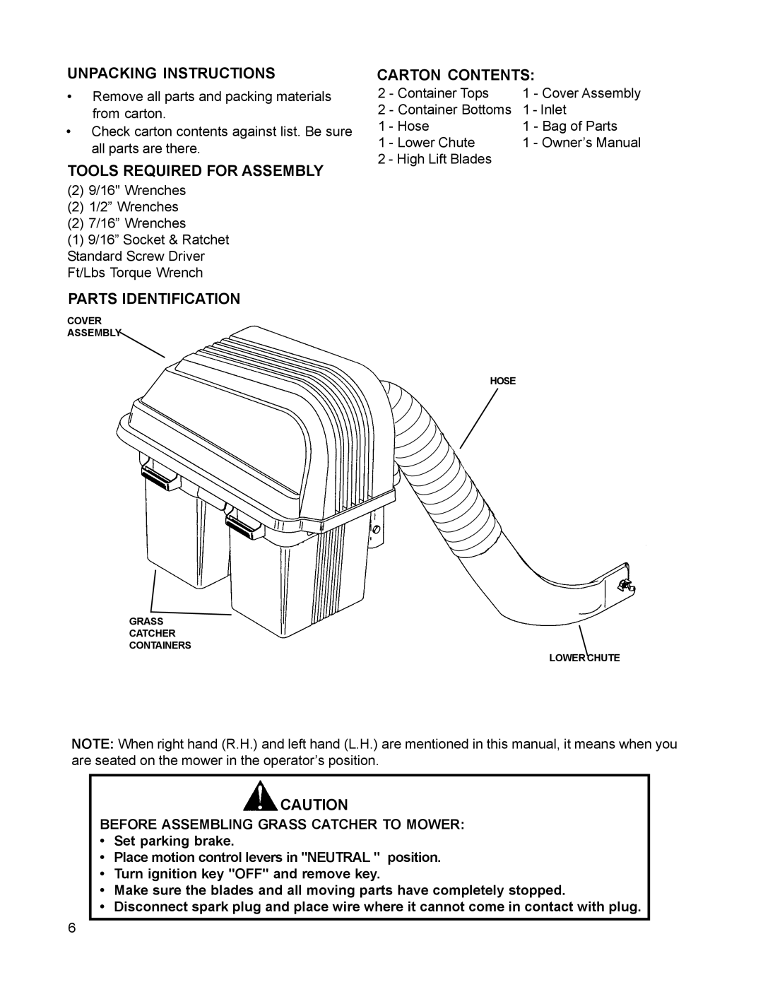 HTC 110163 / CZ38 manual Unpacking Instructions, Tools Required for Assembly, Parts Identification, Carton Contents 