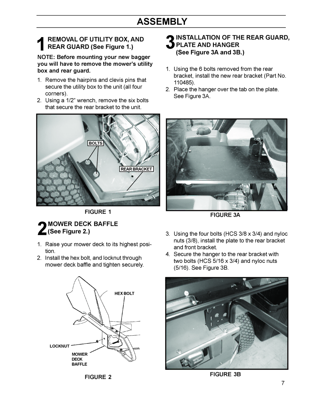 HTC 110163 / CZ38 manual Assembly, 1REMOVAL of Utility BOX, and Rear Guard See Figure, 2MOWER Deck Baffle See Figure 