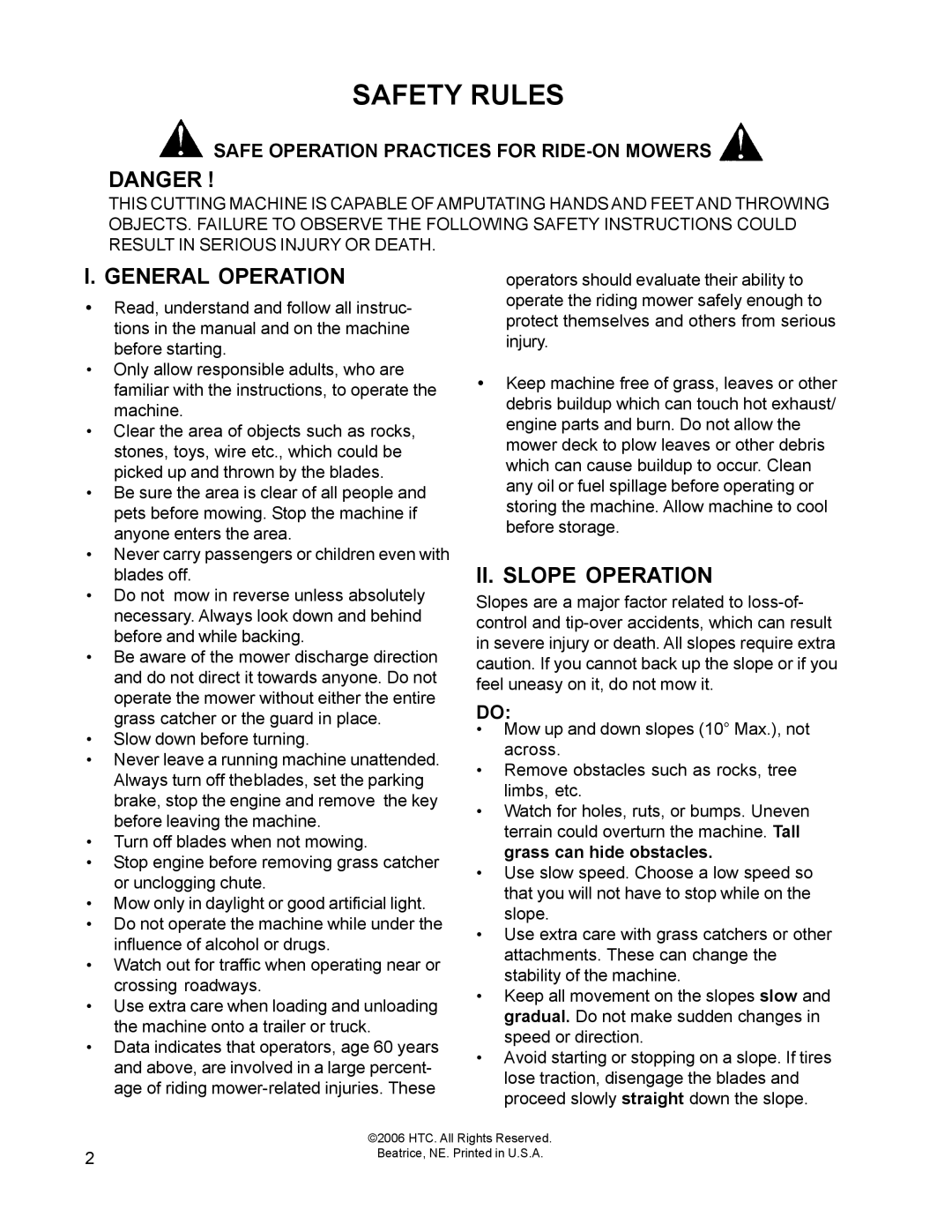 HTC 110163 / CZ38 manual Safety Rules, Danger, I. General Operation, Ii. Slope Operation 