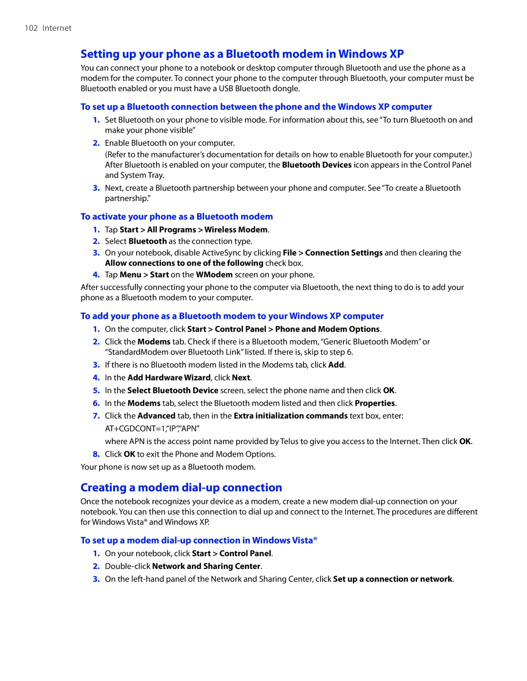 HTC 2 user manual Setting up your phone as a Bluetooth modem in Windows XP, Creating a modem dial-up connection 