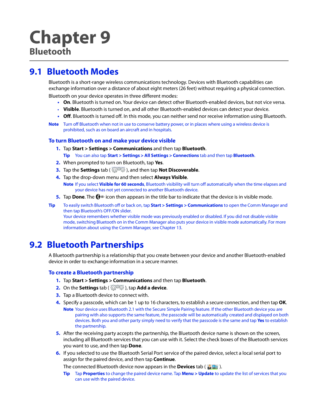 HTC 2 user manual Bluetooth Modes, Bluetooth Partnerships, To turn Bluetooth on and make your device visible 