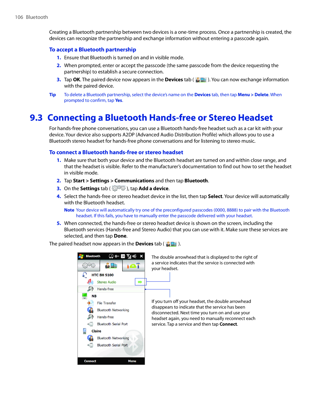 HTC 2 user manual Connecting a Bluetooth Hands-free or Stereo Headset, To accept a Bluetooth partnership 