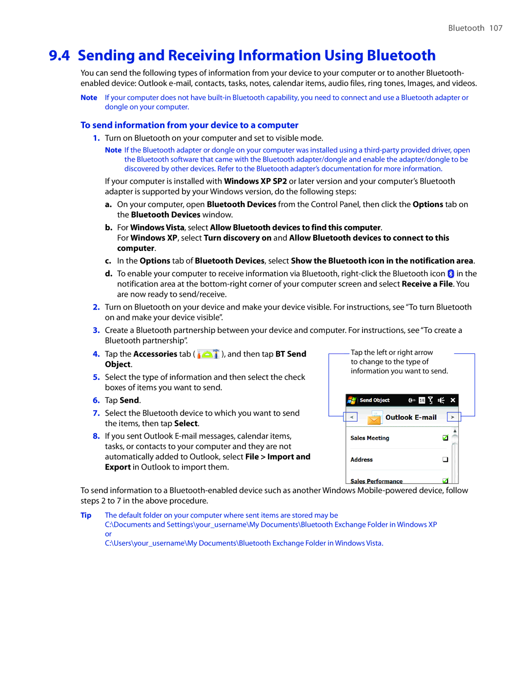 HTC 2 user manual Sending and Receiving Information Using Bluetooth, To send information from your device to a computer 