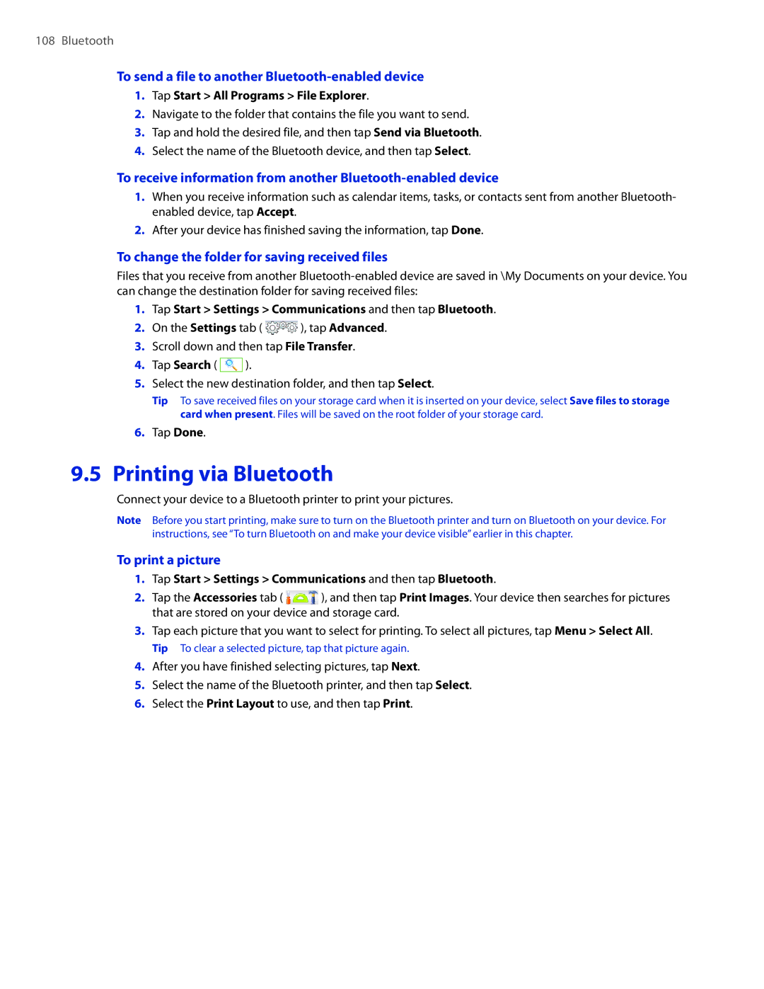 HTC 2 user manual Printing via Bluetooth, To send a file to another Bluetooth-enabled device, To print a picture 