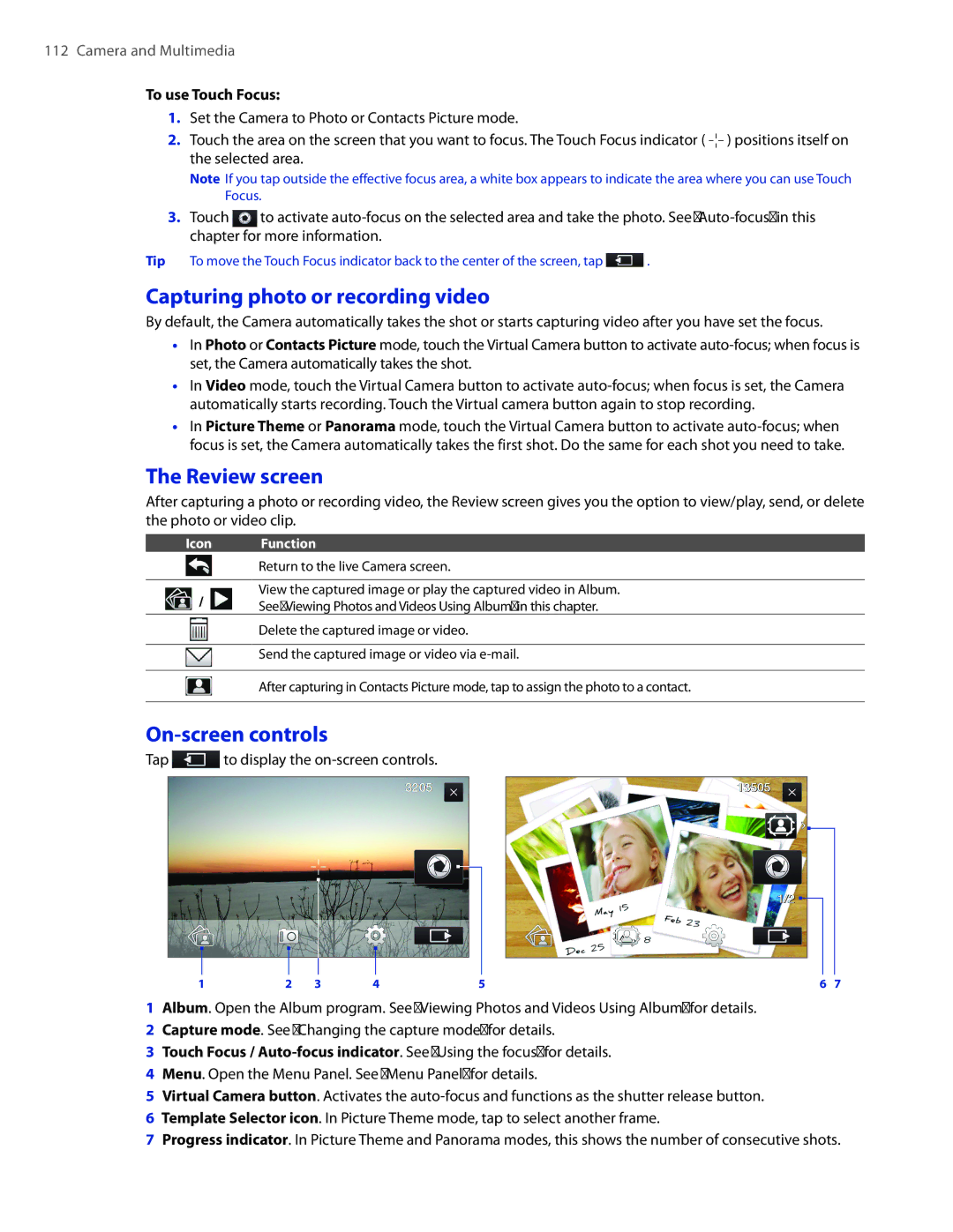 HTC 2 user manual Capturing photo or recording video, Review screen, On-screen controls, To use Touch Focus 