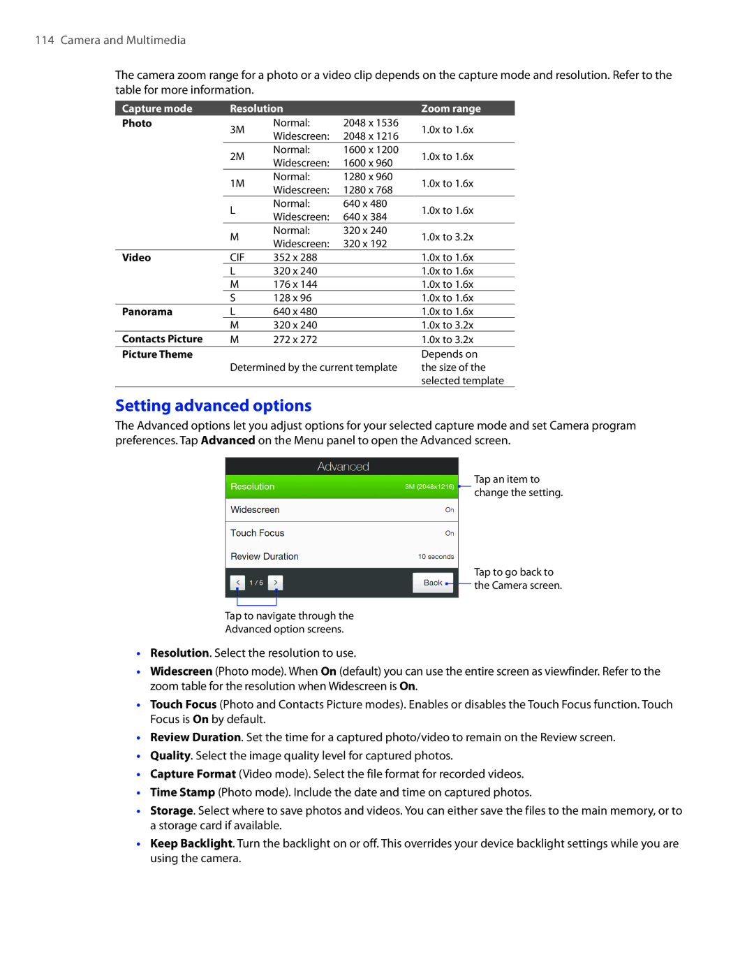 HTC 2 user manual Setting advanced options, Capture mode Resolution Zoom range 