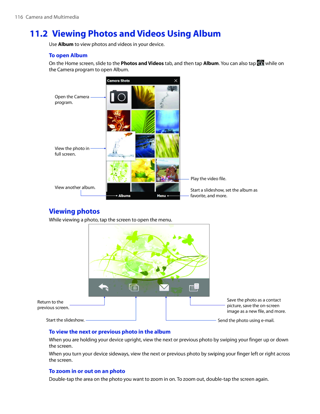 HTC 2 user manual Viewing Photos and Videos Using Album, Viewing photos, To open Album, To zoom in or out on an photo 