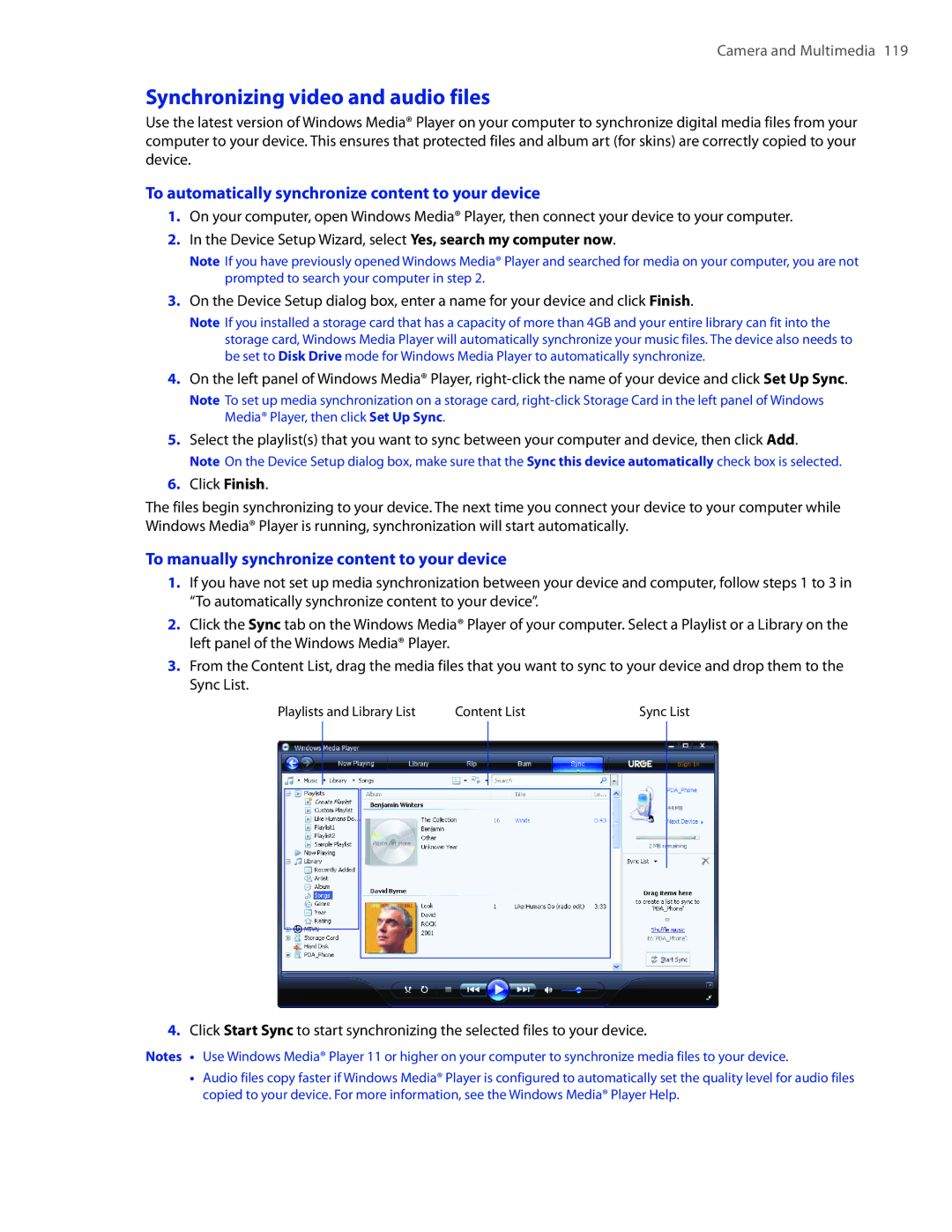 HTC 2 user manual Synchronizing video and audio files, To automatically synchronize content to your device 