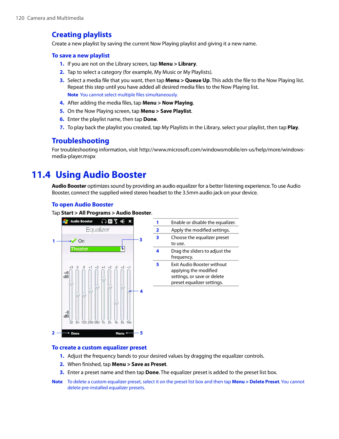 HTC 2 user manual Using Audio Booster, Creating playlists, Troubleshooting 