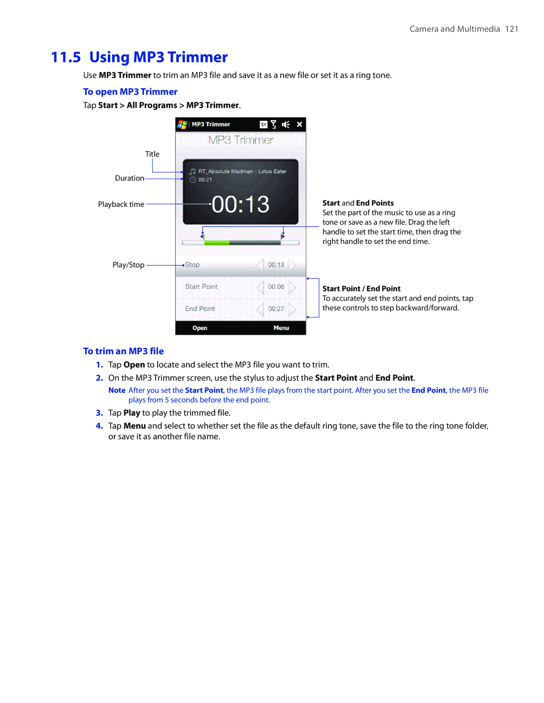 HTC 2 user manual Using MP3 Trimmer, To open MP3 Trimmer, To trim an MP3 file, Tap Start All Programs MP3 Trimmer 