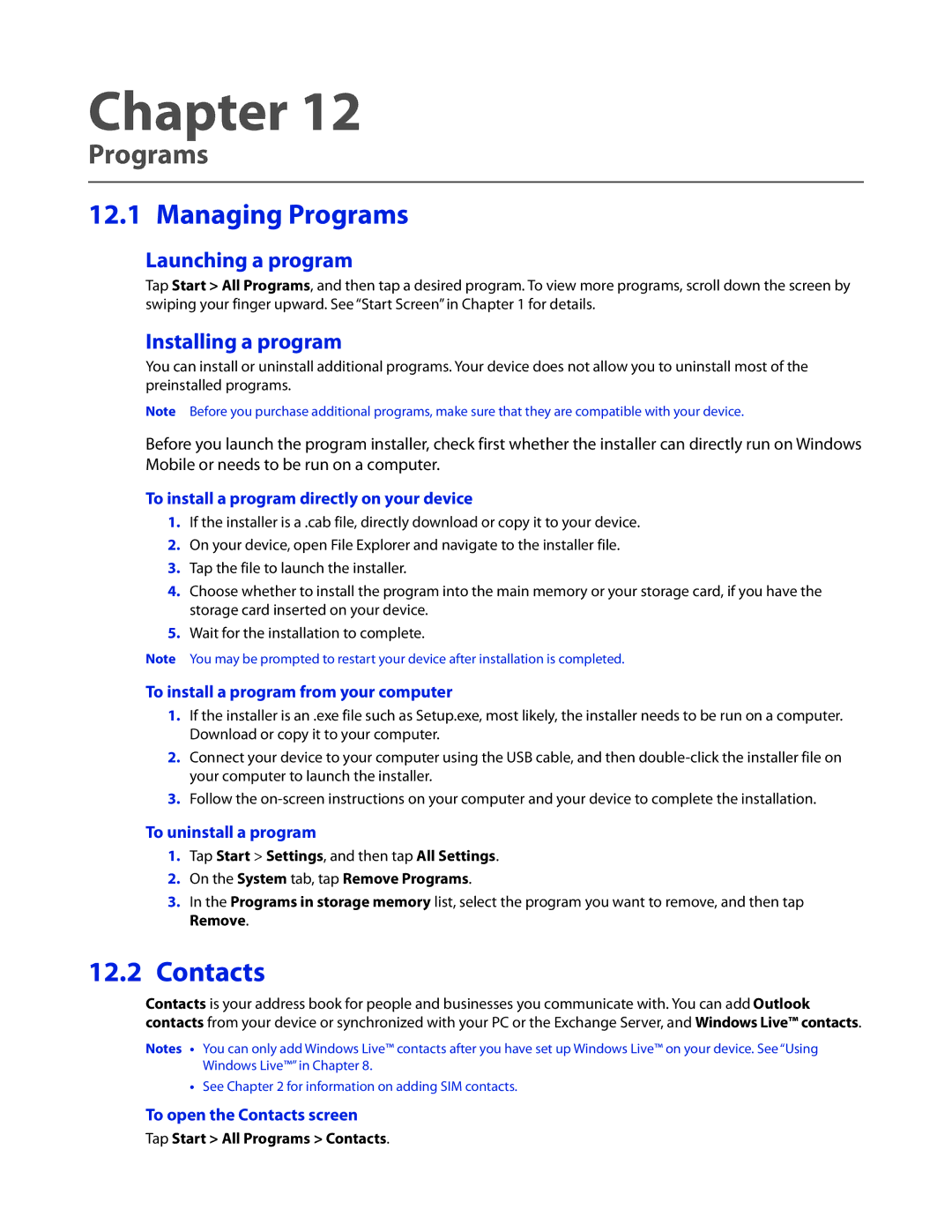 HTC 2 user manual Managing Programs, Contacts, Launching a program, Installing a program 