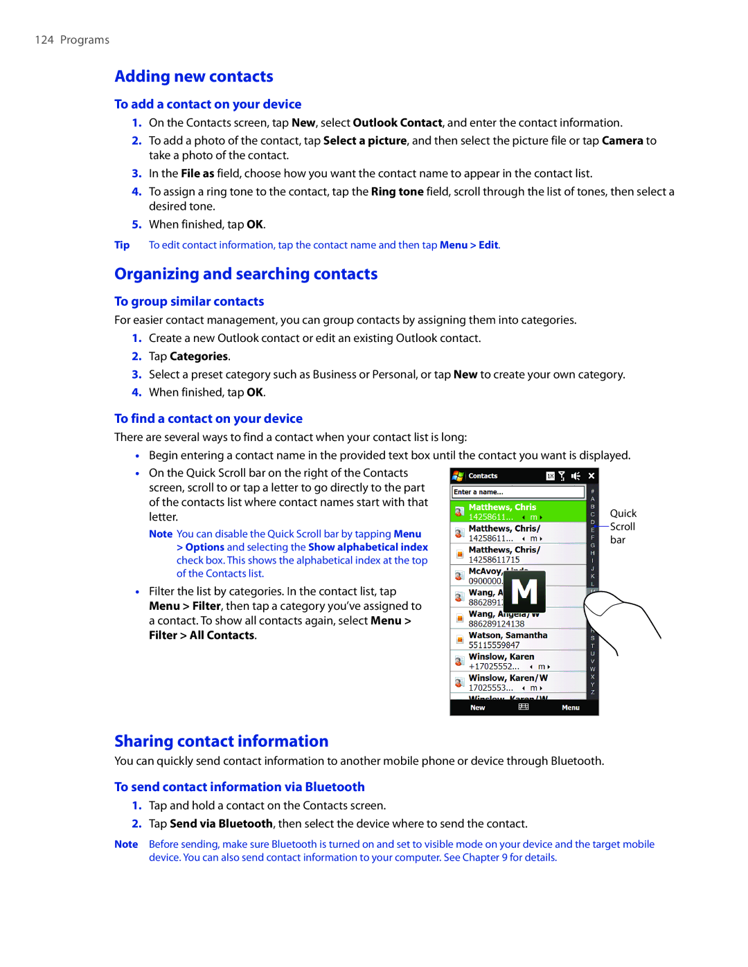 HTC 2 user manual Adding new contacts, Organizing and searching contacts, Sharing contact information 