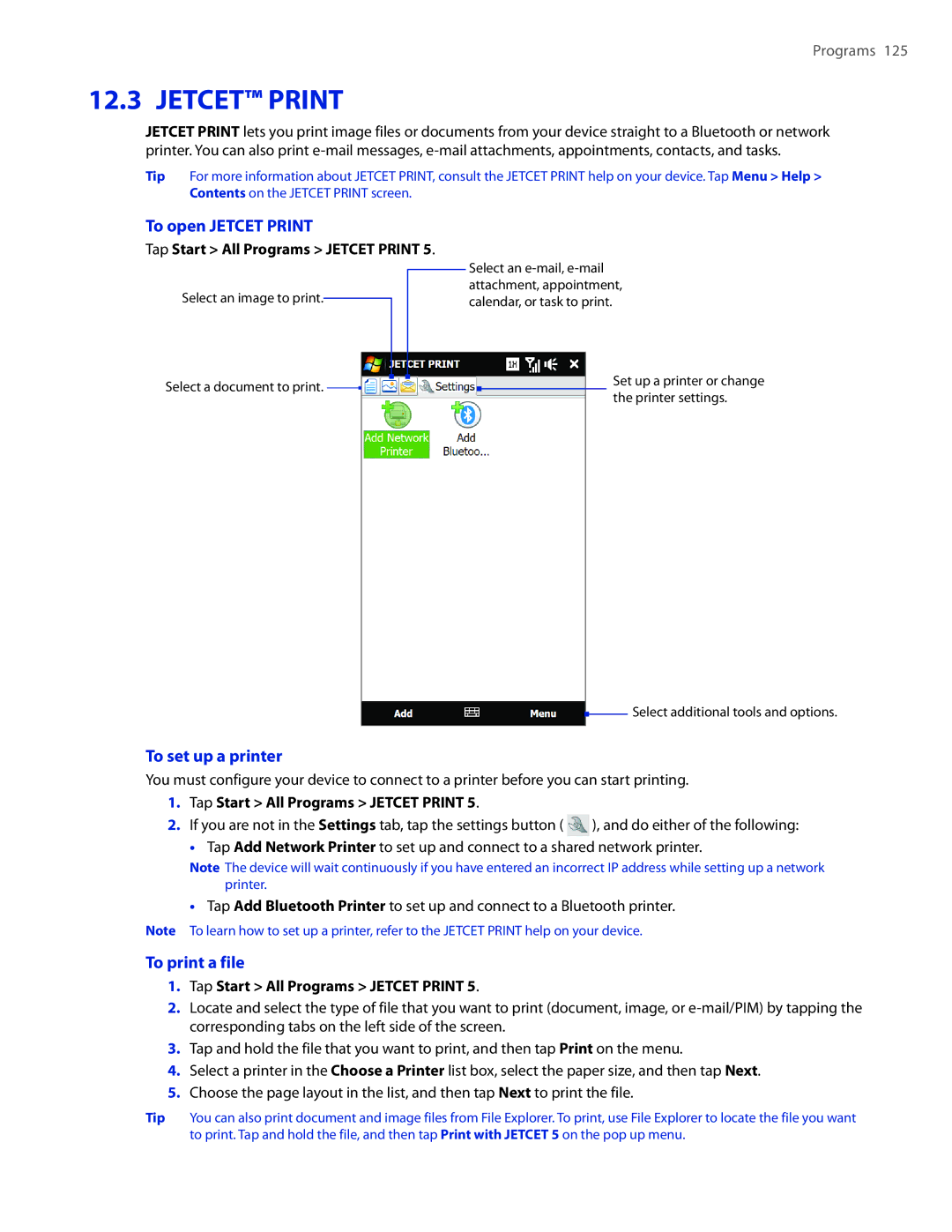 HTC 2 user manual To open Jetcet Print, To set up a printer, To print a file, Tap Start All Programs Jetcet Print 