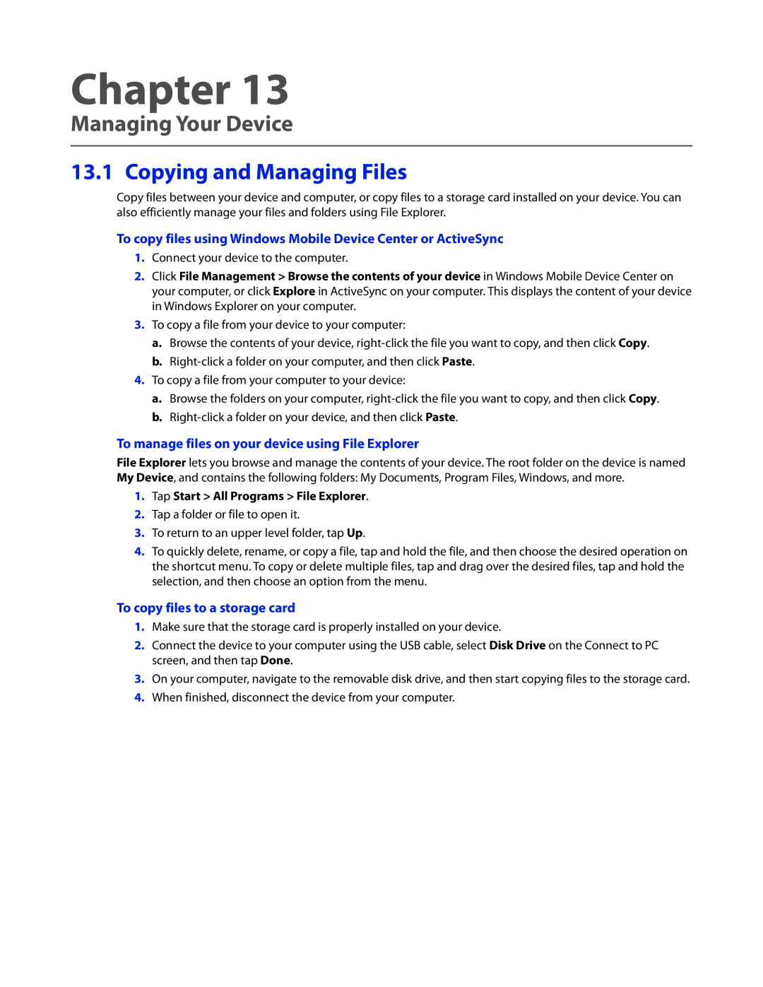 HTC 2 user manual Managing Your Device, Copying and Managing Files, To manage files on your device using File Explorer 