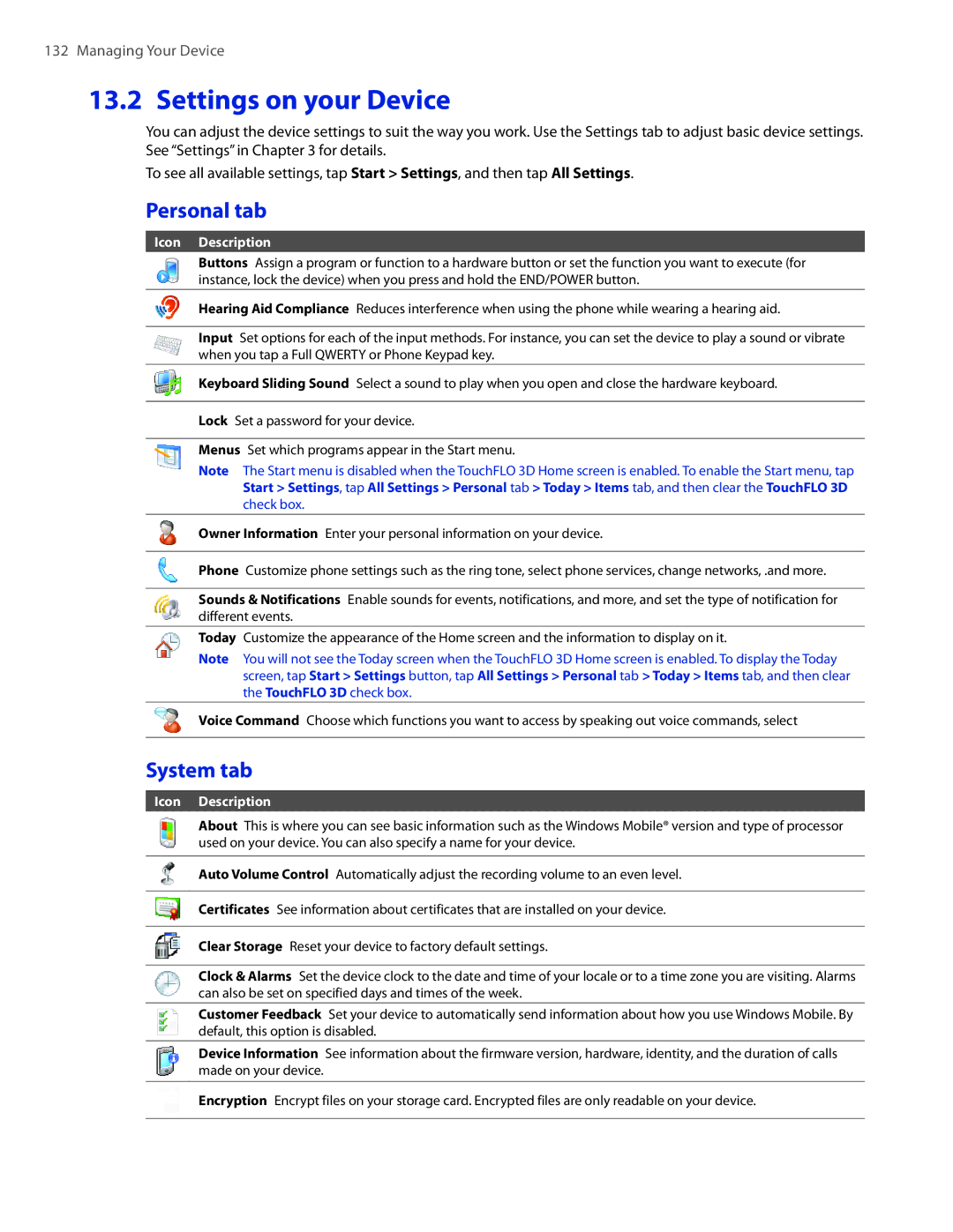 HTC 2 user manual Settings on your Device, Personal tab, System tab 