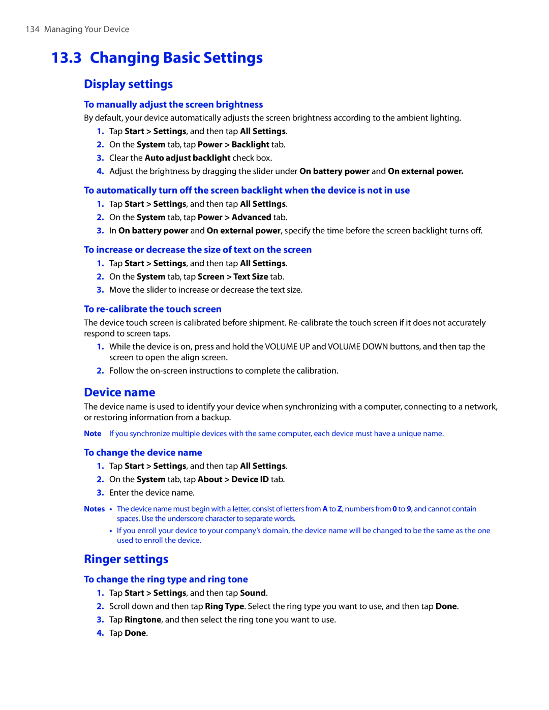 HTC 2 user manual Changing Basic Settings, Display settings, Device name, Ringer settings 