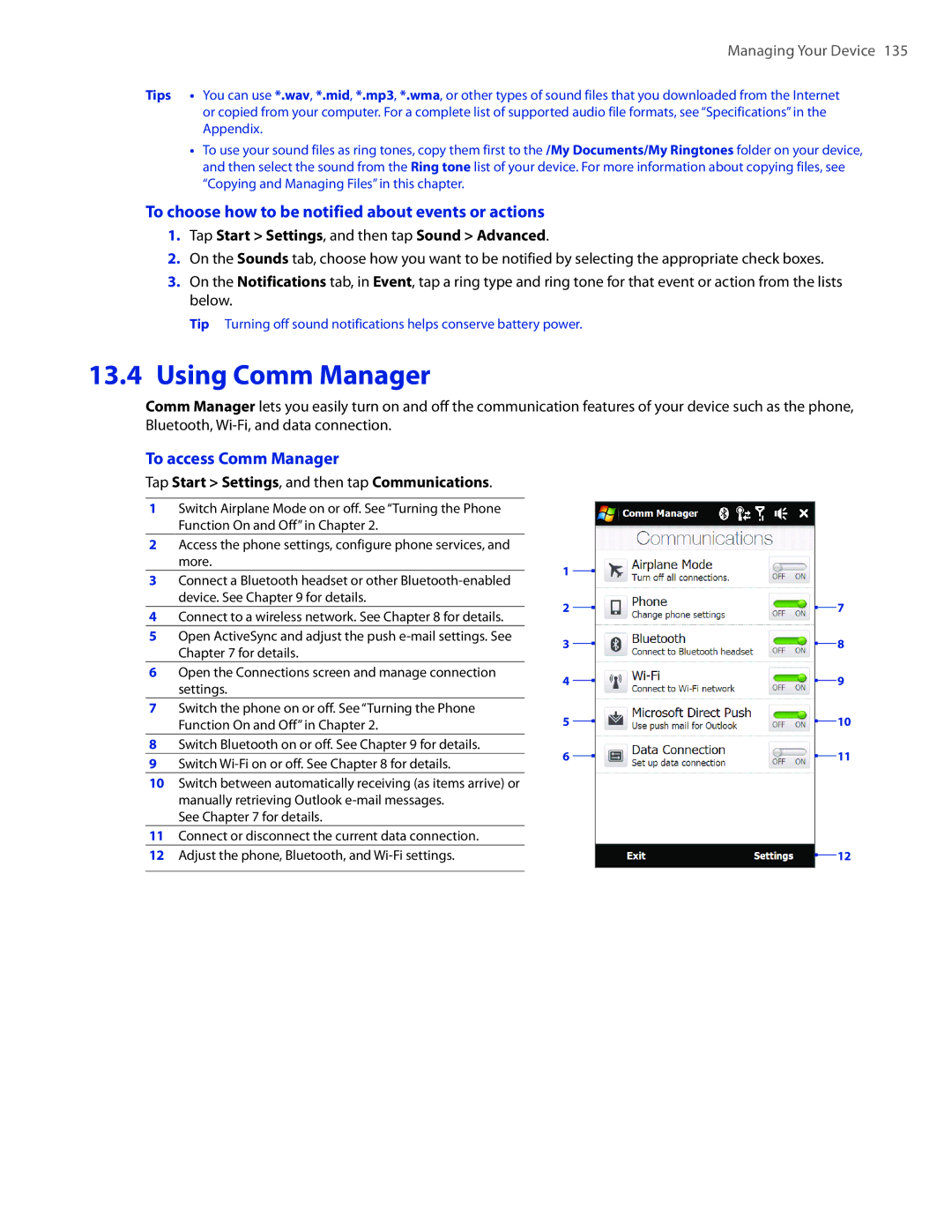 HTC 2 user manual Using Comm Manager, To choose how to be notified about events or actions, To access Comm Manager 