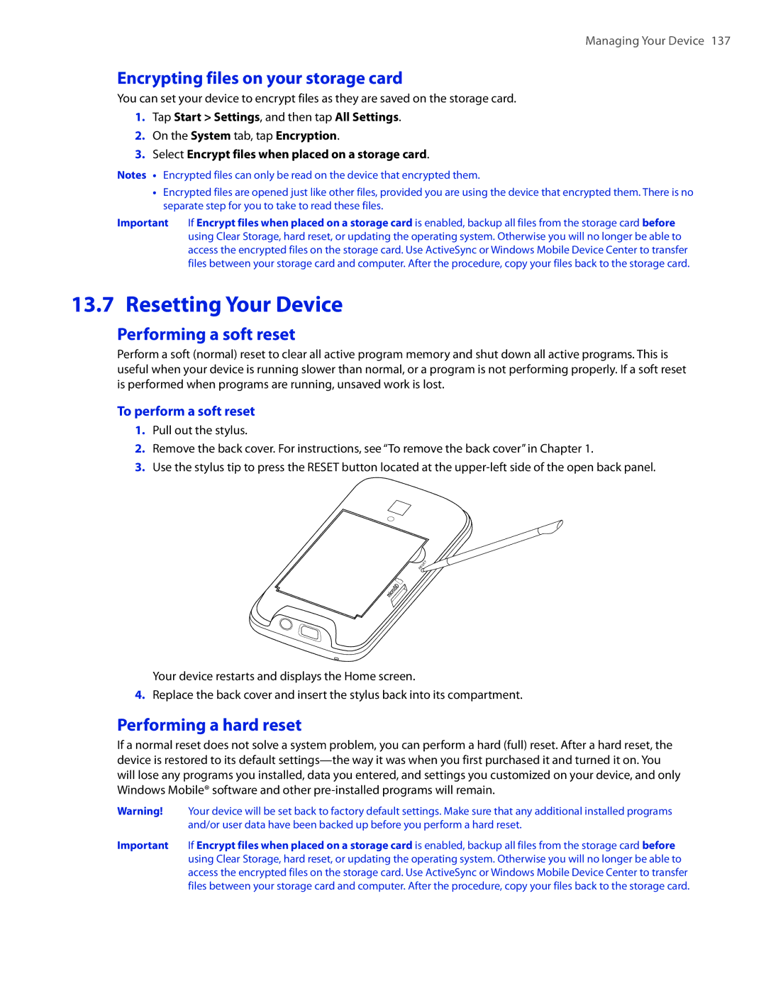 HTC 2 Resetting Your Device, Encrypting files on your storage card, Performing a soft reset, Performing a hard reset 