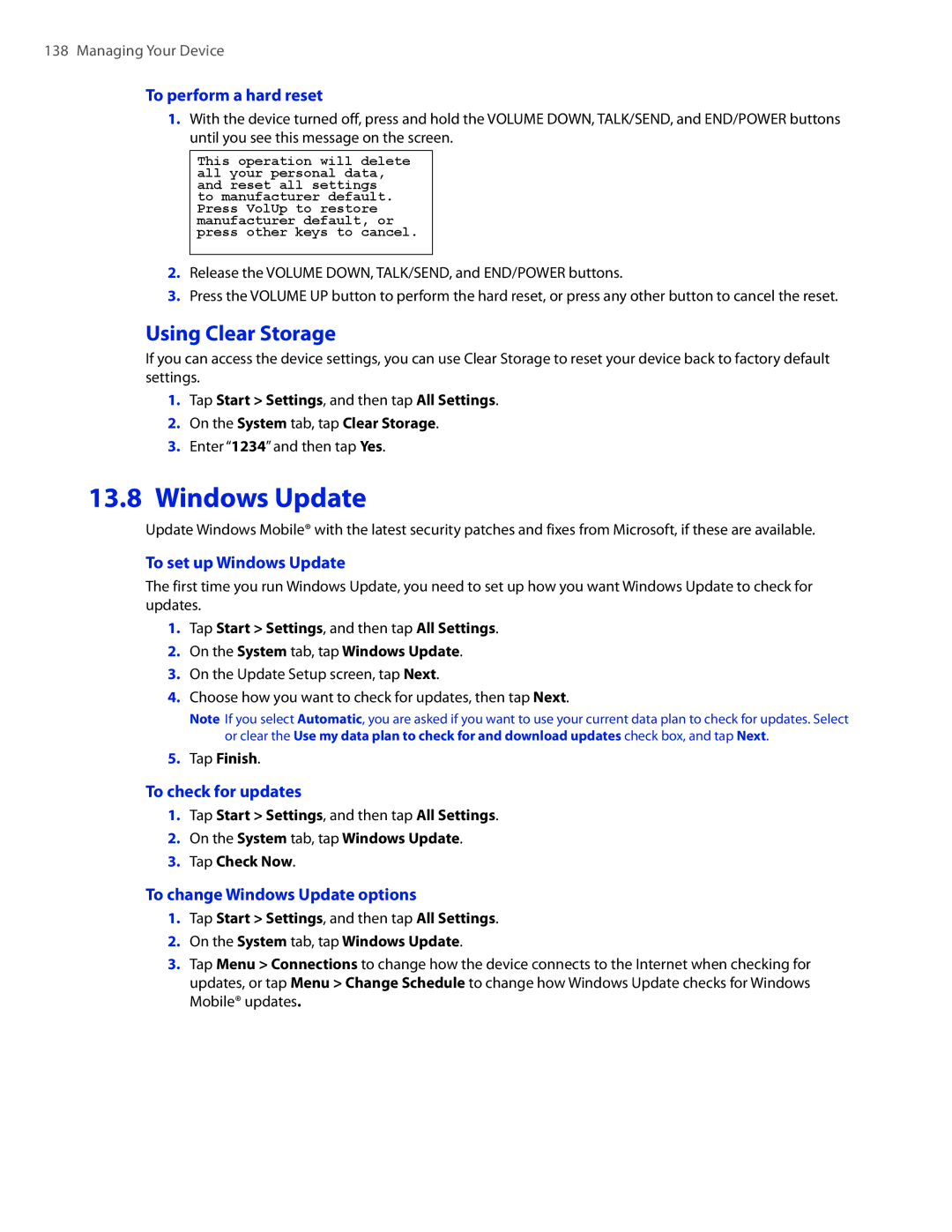 HTC 2 user manual Windows Update, Using Clear Storage 