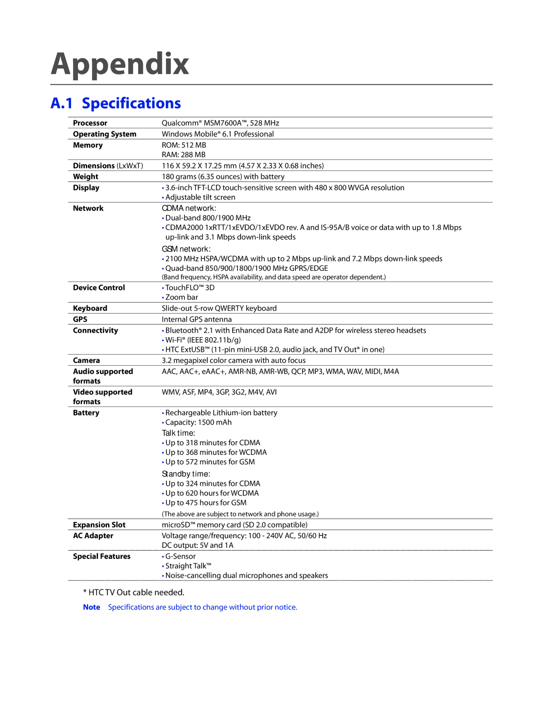 HTC 2 user manual Specifications, HTC TV Out cable needed 