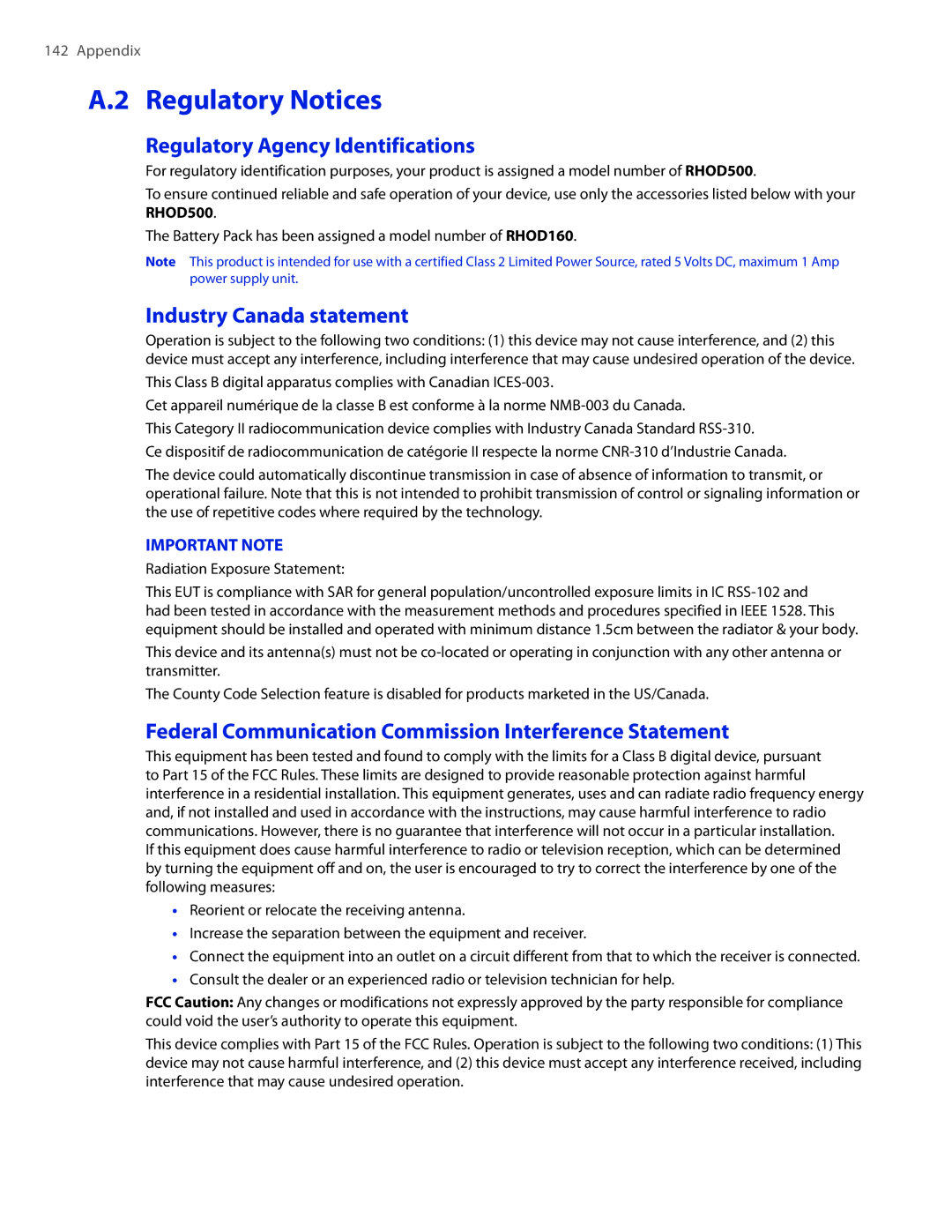 HTC 2 Regulatory Notices, Regulatory Agency Identifications, Industry Canada statement, Radiation Exposure Statement 