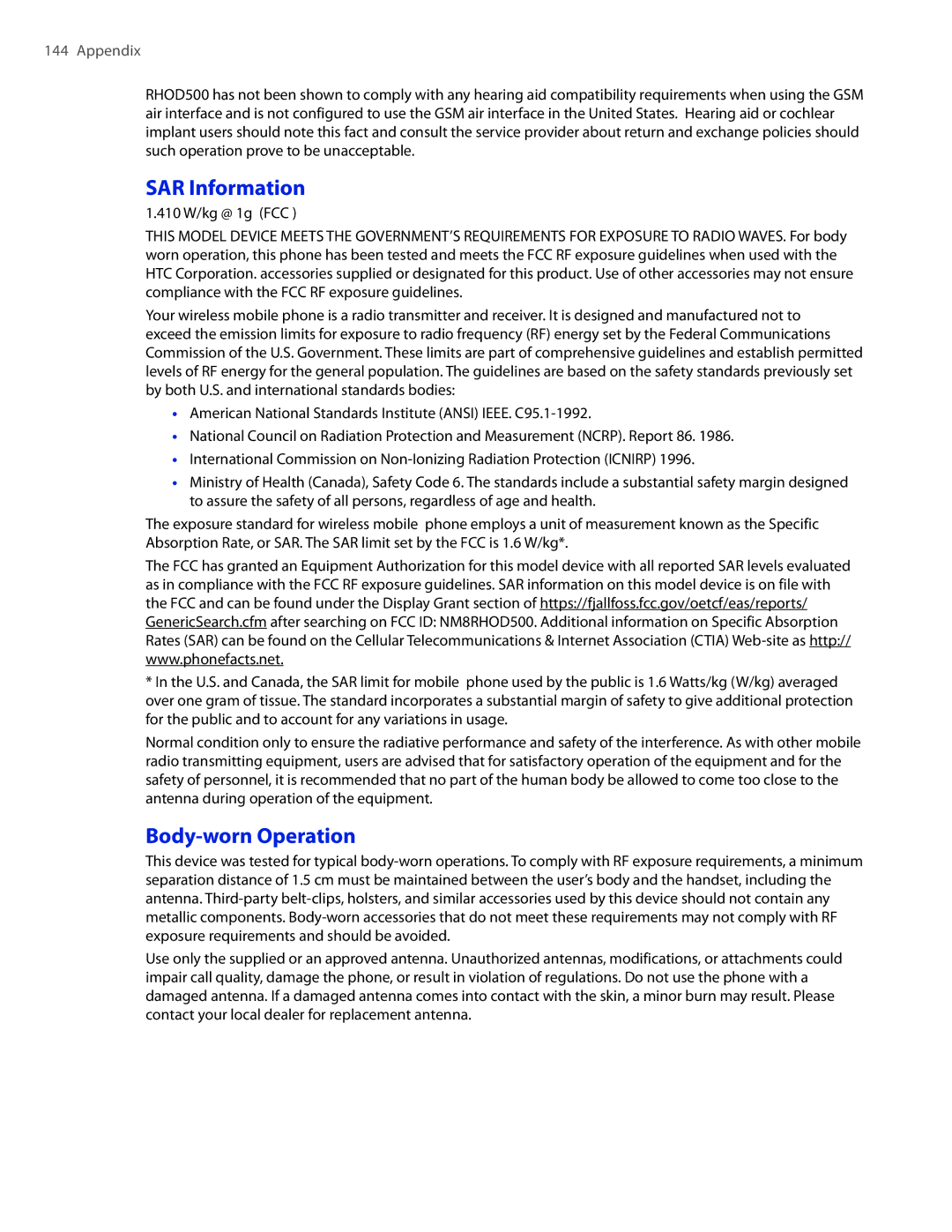 HTC 2 user manual SAR Information, Body-worn Operation 