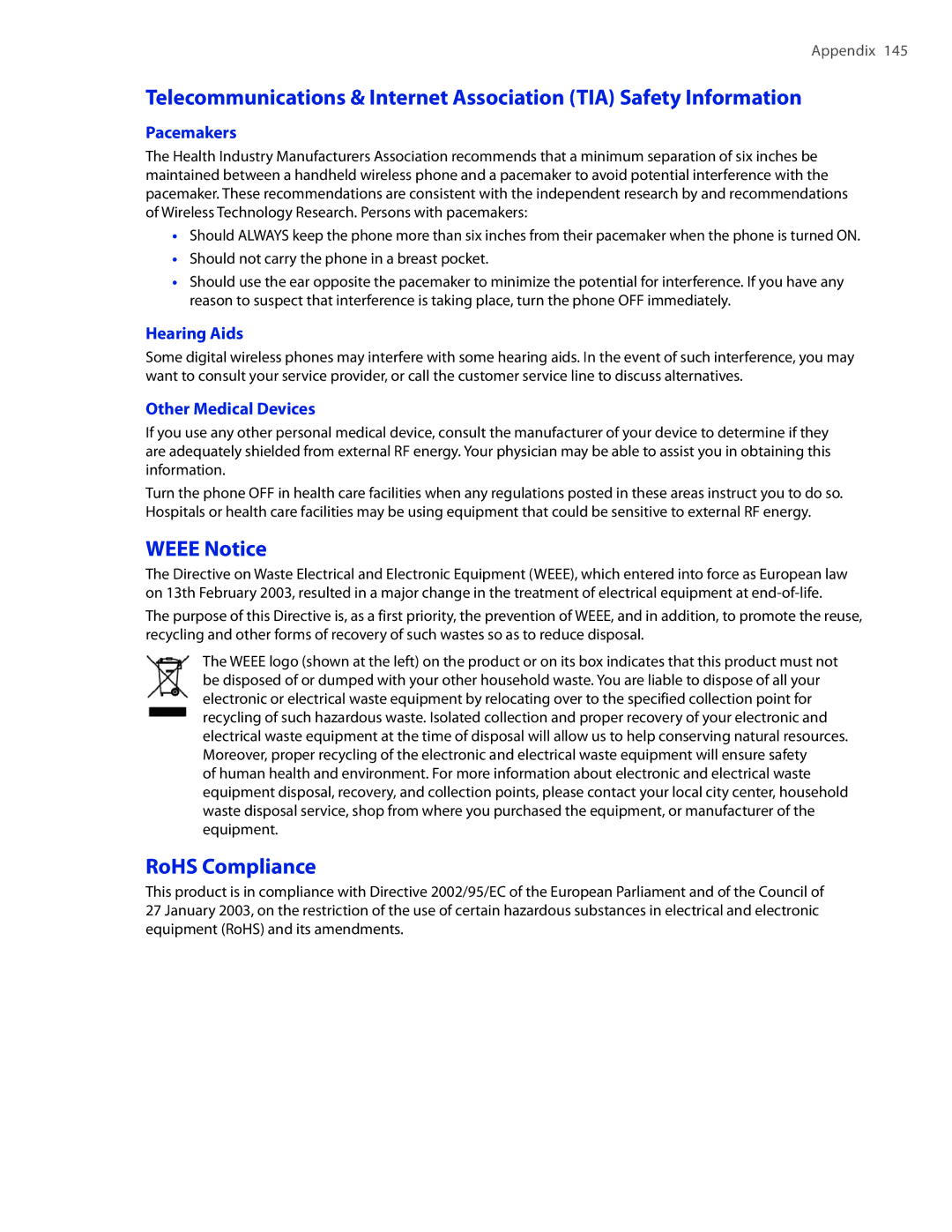 HTC 2 user manual Weee Notice, RoHS Compliance, Pacemakers, Hearing Aids, Other Medical Devices 