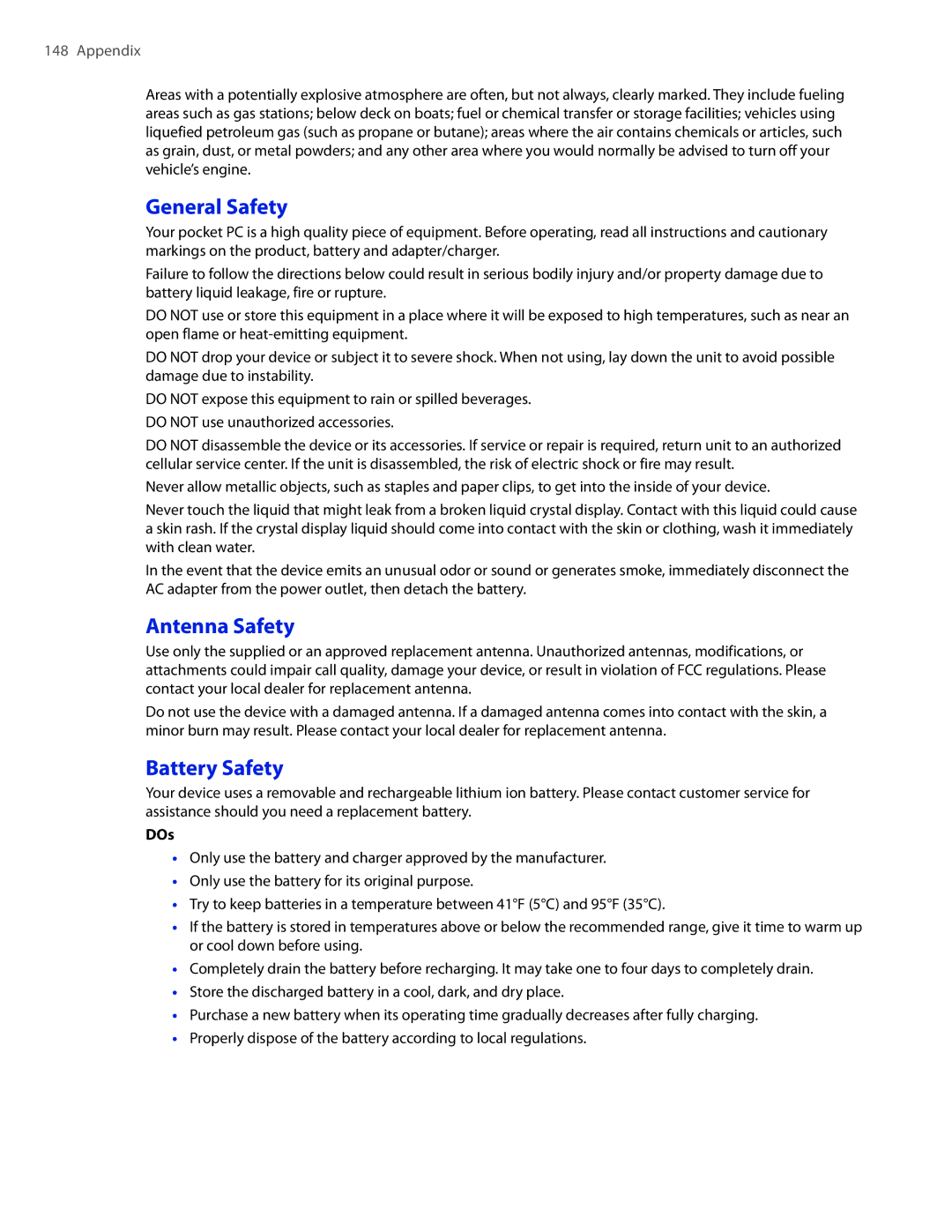 HTC 2 user manual General Safety, Antenna Safety, Battery Safety, DOs 