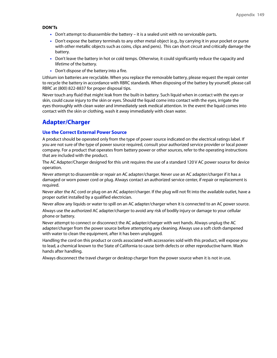 HTC 2 user manual Adapter/Charger, Use the Correct External Power Source, DON’Ts 