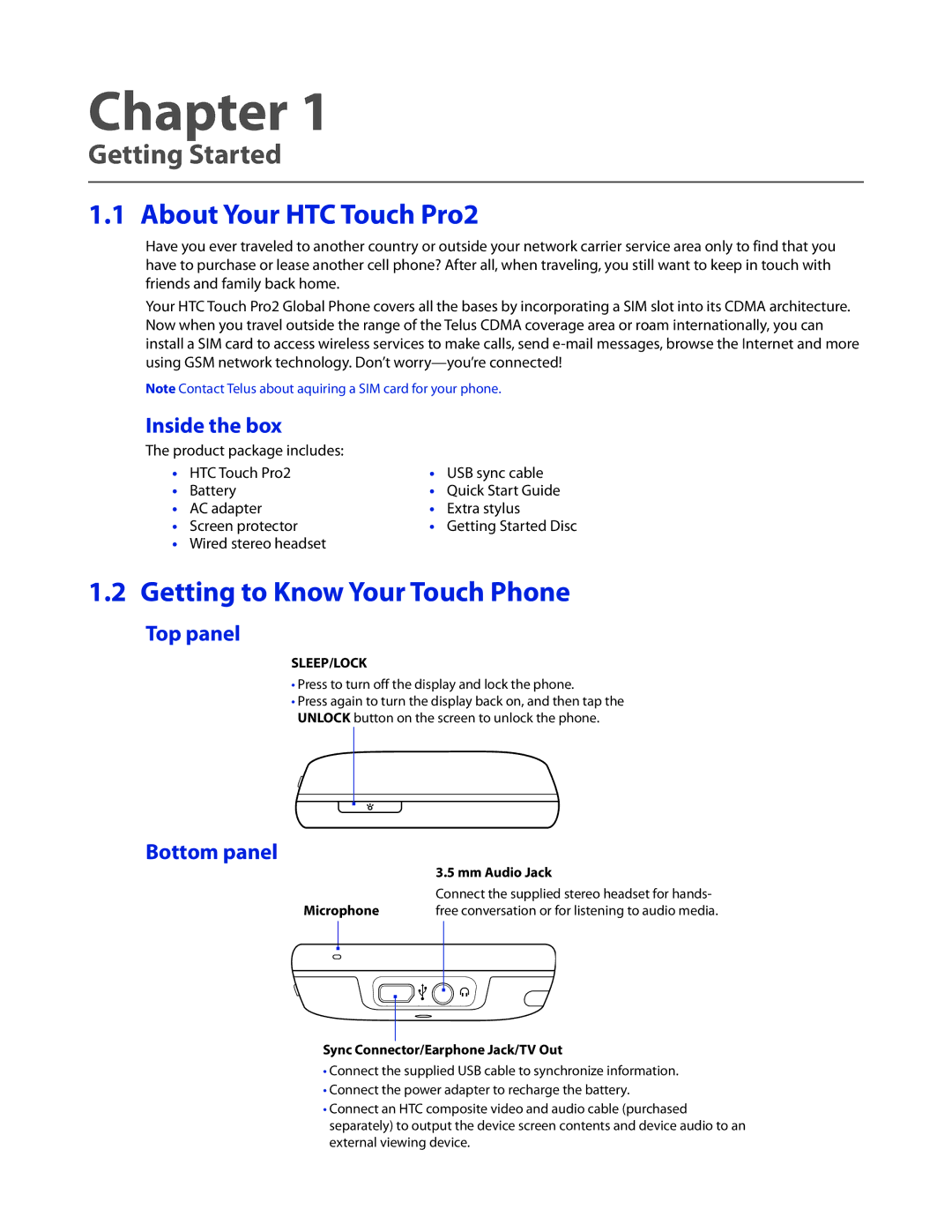 HTC user manual Getting Started, ­ About Your HTC Touch Pro2, Getting to Know Your Touch Phone 