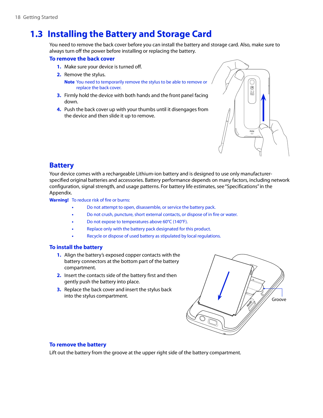 HTC 2 Installing the Battery and Storage Card, To remove the back cover, To install the battery, To remove the battery 