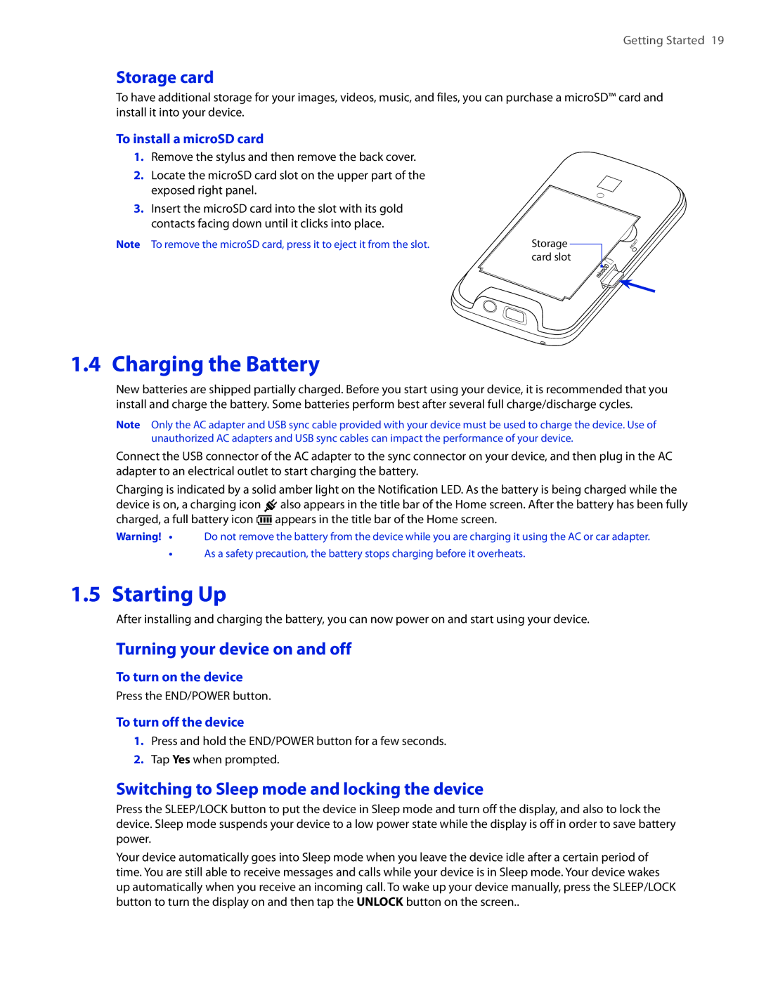 HTC 2 user manual Charging the Battery, Starting Up, Storage card, Turning your device on and off 