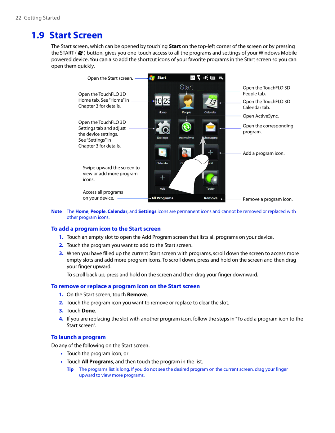 HTC 2 Start Screen, To add a program icon to the Start screen, To remove or replace a program icon on the Start screen 