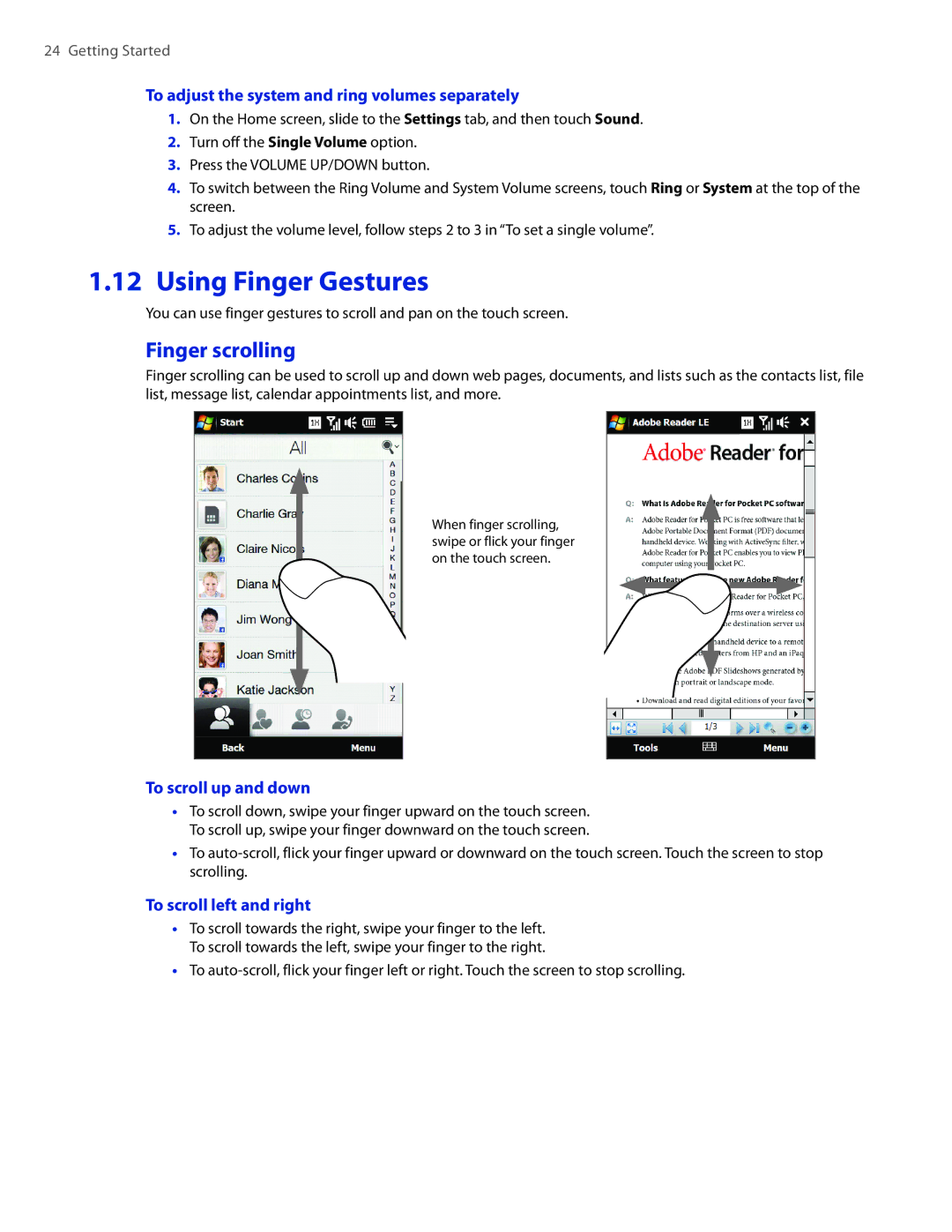 HTC 2 Using Finger Gestures, Finger scrolling, To adjust the system and ring volumes separately, To scroll up and down 