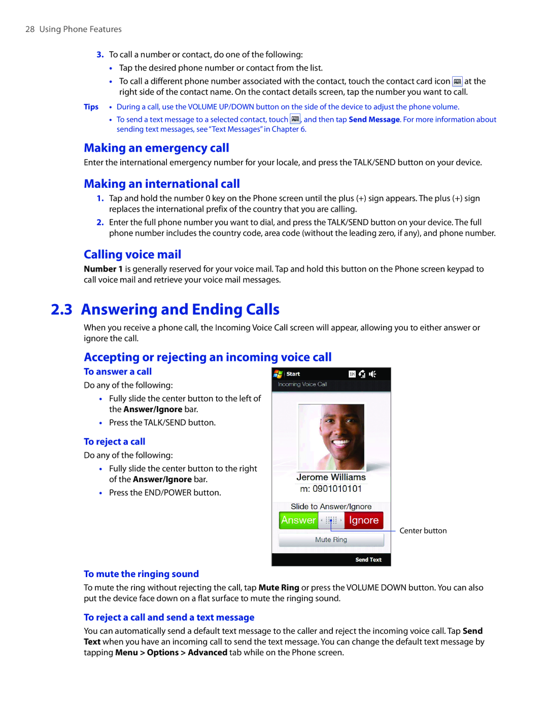 HTC 2 user manual Answering and Ending Calls, Making an emergency call, Making an international call, Calling voice mail 