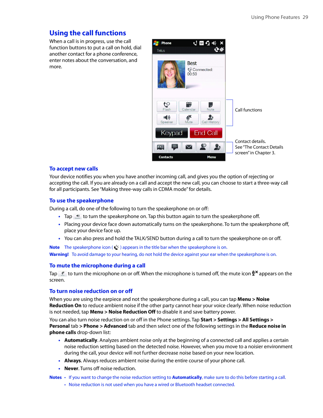 HTC 2 Using the call functions, To accept new calls, To use the speakerphone, To mute the microphone during a call 