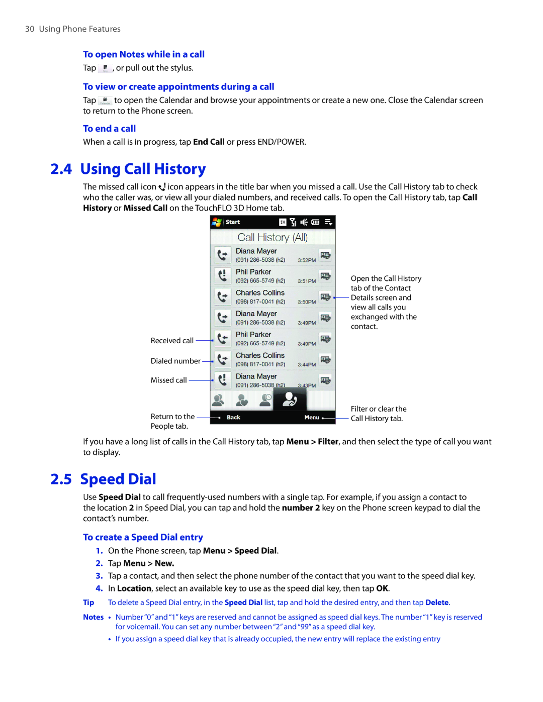 HTC 2 user manual Using Call History, Speed Dial 