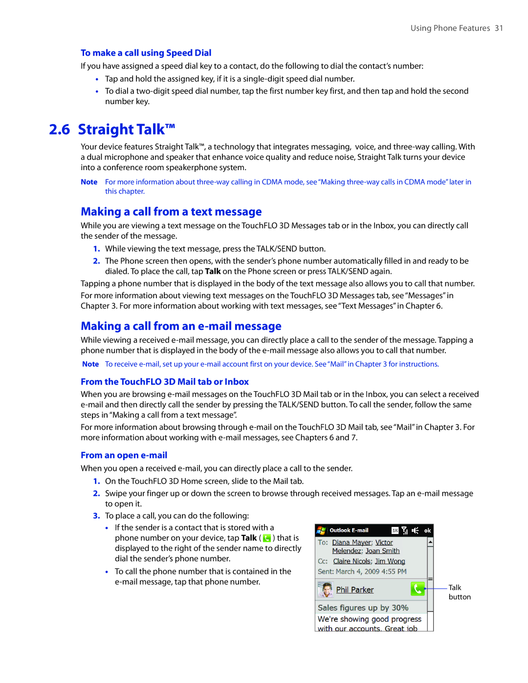 HTC 2 user manual Straight Talk, Making a call from a text message, Making a call from an e-mail message 