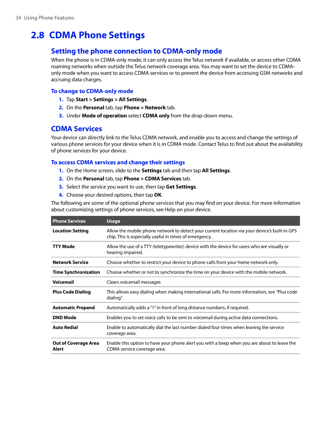 HTC 2 Cdma Phone Settings, Setting the phone connection to CDMA-only mode, Cdma Services, To change to CDMA-only mode 