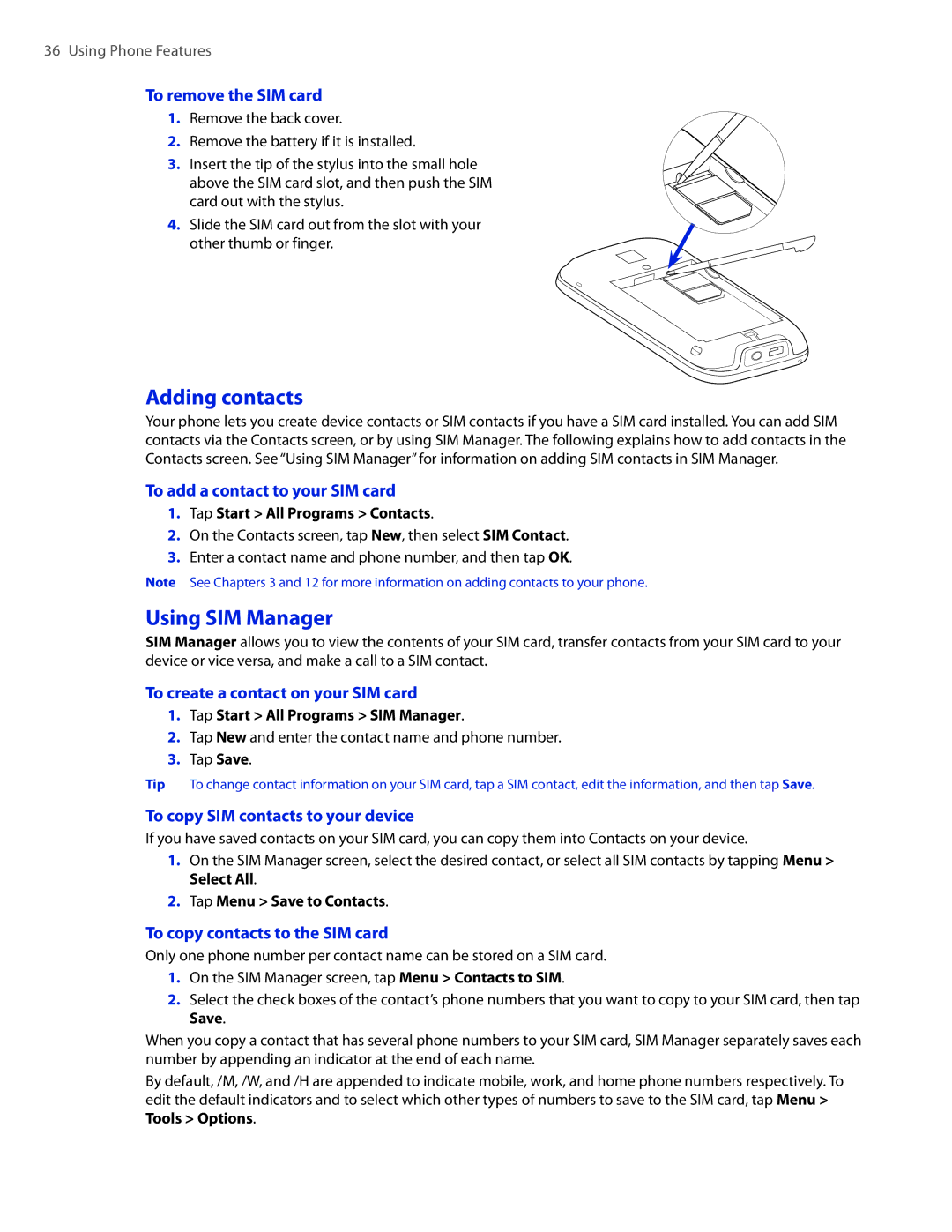 HTC 2 user manual Adding contacts, Using SIM Manager 