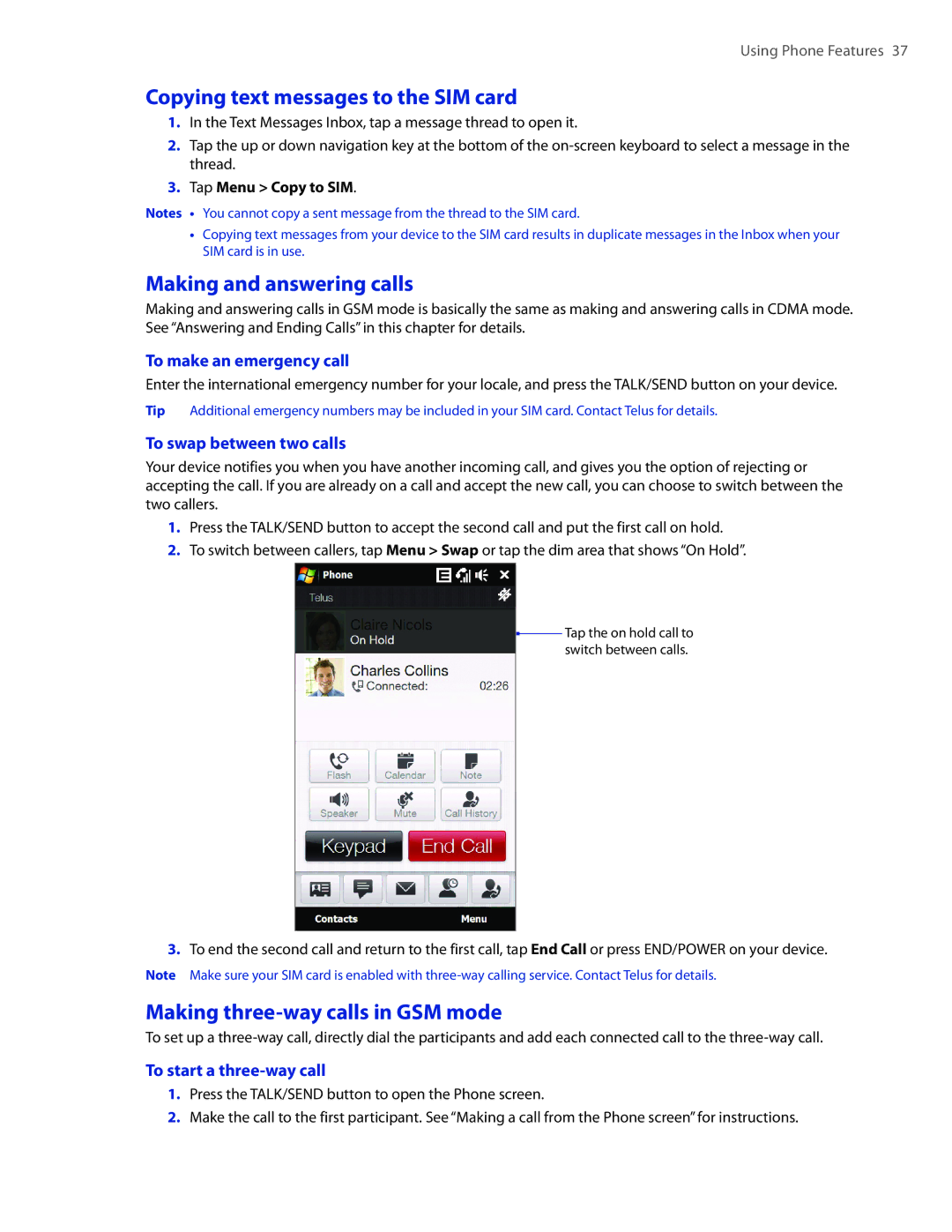 HTC 2 user manual Copying text messages to the SIM card, Making and answering calls, Making three-way calls in GSM mode 