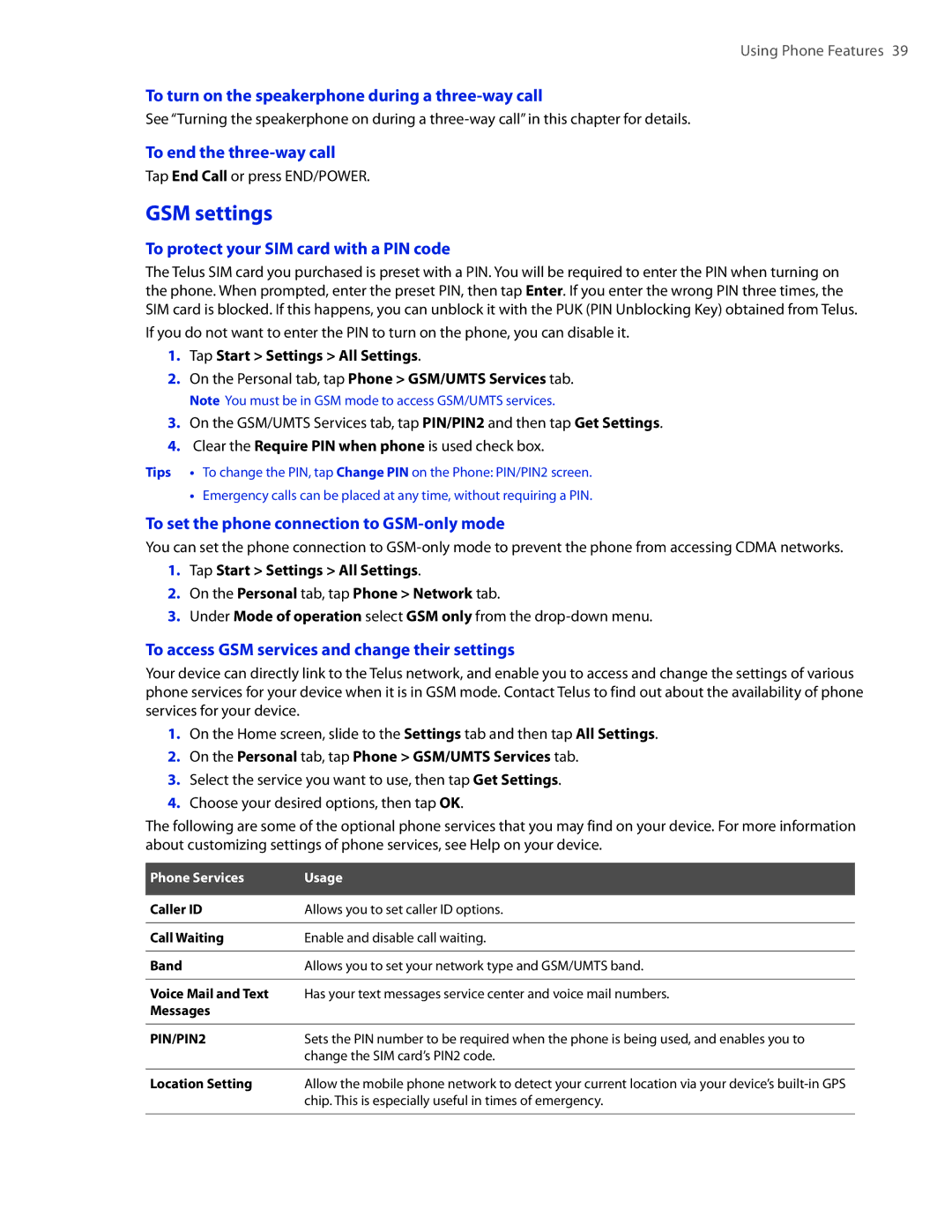 HTC 2 user manual GSM settings 