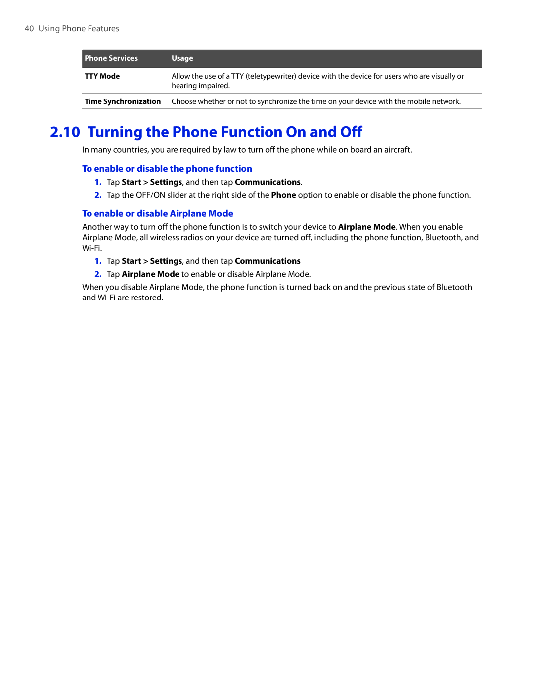 HTC 2 Turning the Phone Function On and Off, To enable or disable the phone function, To enable or disable Airplane Mode 