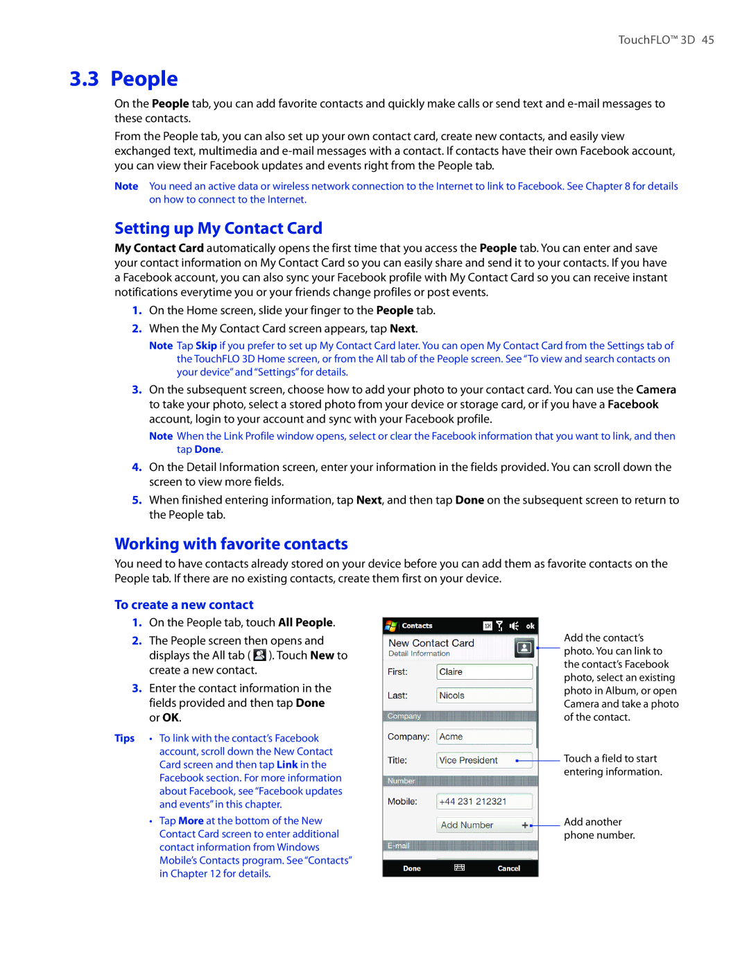 HTC 2 user manual People, Setting up My Contact Card, Working with favorite contacts, To create a new contact 