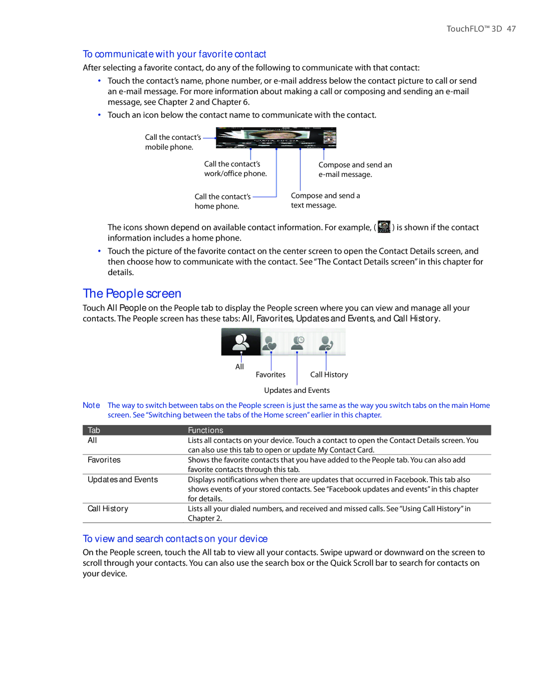 HTC 2 user manual People screen, To communicate with your favorite contact, To view and search contacts on your device 