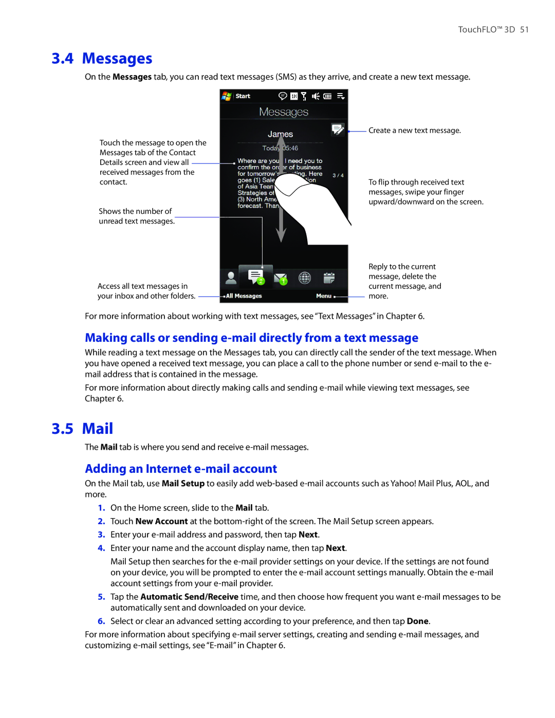 HTC 2 Messages, Mail, Making calls or sending e-mail directly from a text message, Adding an Internet e-mail account 