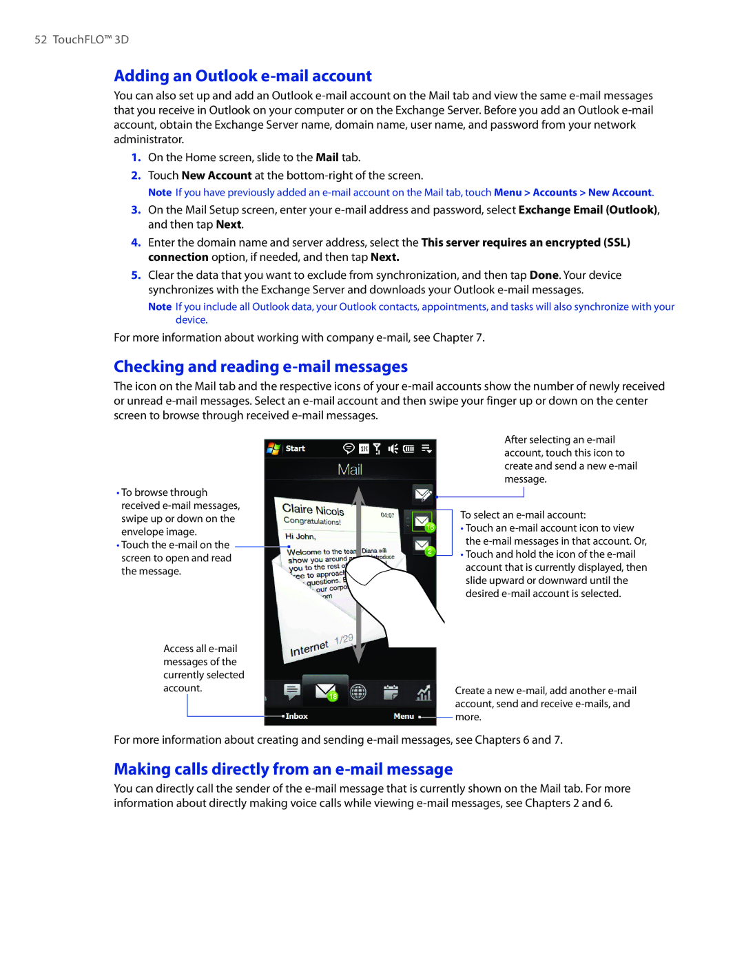 HTC 2 Adding an Outlook e-mail account, Checking and reading e-mail messages, Making calls directly from an e-mail message 